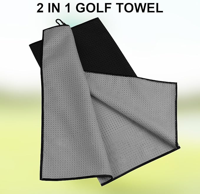 ToVii 2 in 1 Golf Towel, Wet and Dry Tri-fold Microfiber Towel for Cleaning Club and Ball with Clip and Waterproof Inner Barrier