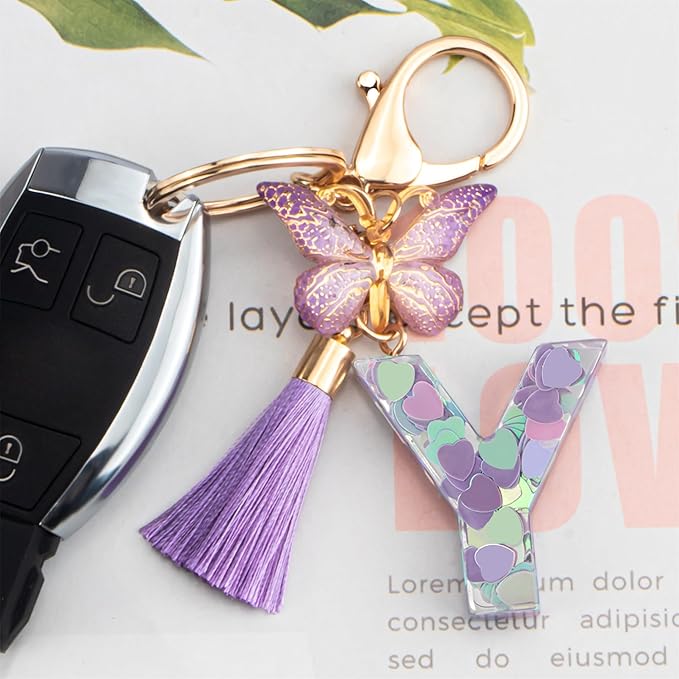 Suweibuke Colourful Cute Initial Letter Keychains for Women Girls with Tassel Butterfly, Charm for Purse Handbags Backpacks