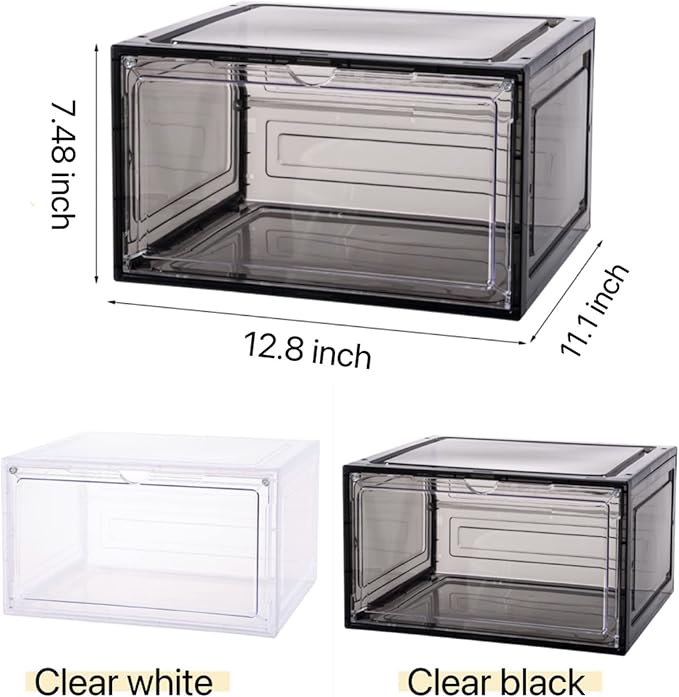 Attelite Large Clear Shoe Box Organizer,Plastic Stackable Shoe Storage Box with Magnetic Door, Large Clear Door Shoe Containers for Display Sneakers, Easy Assembly（Black）