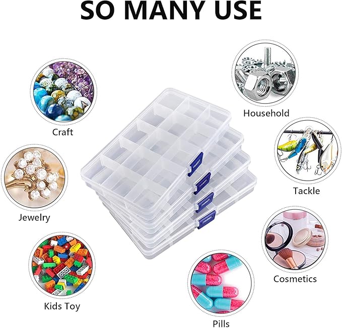 Fake Nail Storage Box, 3PCS 15-Grid Rhinestone Organizer Case with Divider, Clear Plastic Empty Container for Art Craft Sewing Screw Rock Collection Fishing Tackle, Bead Jewelry Display Holder