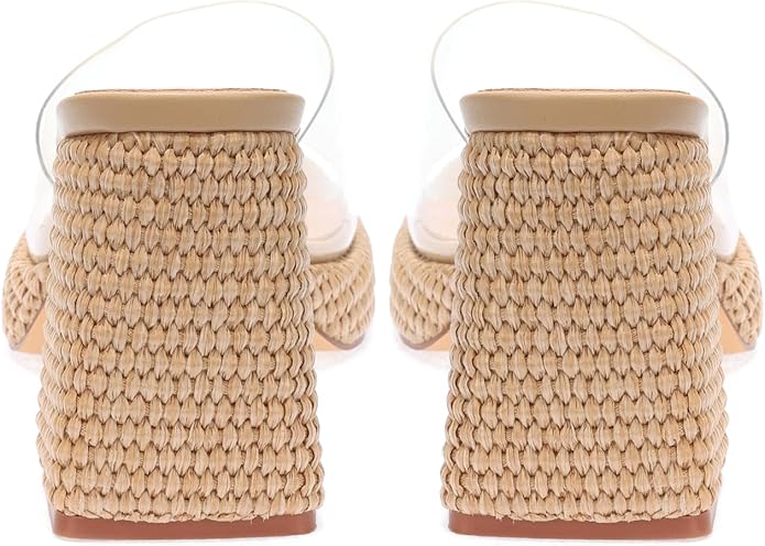 Monrovia Womens Sandals Heels for Women Slide On Block Chunky Platform High Heels Open Toe Raffia Wedge Sandals