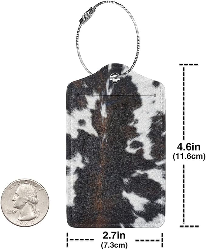 Cow Print Luggage Tags Set of 2 Leather Stainless Steel Loop Label Tag for Travel Bag Suitcase