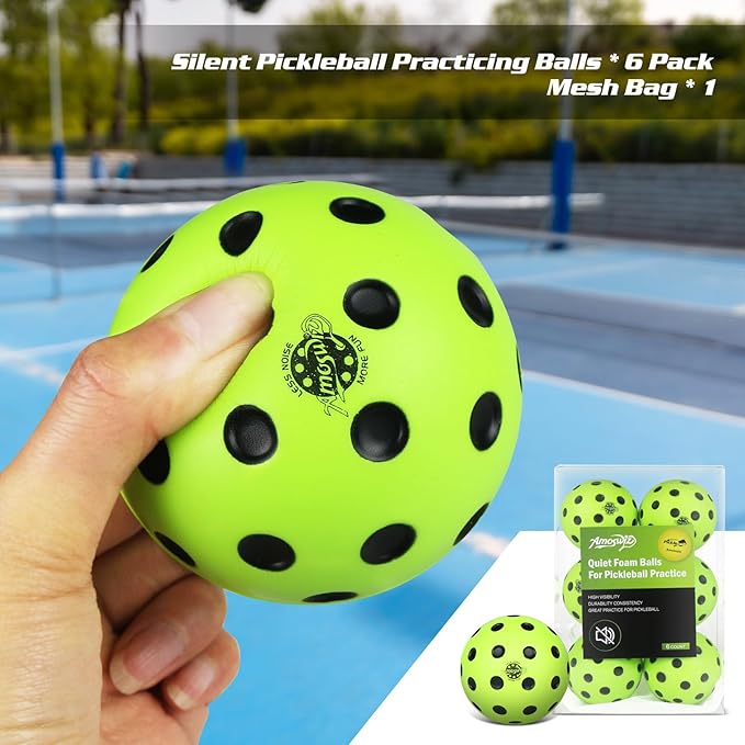 Silent Pickleball Balls, 6 Pack of Quiet Foam Ball for Indoor & Outdoor Pickle Ball Practice, Noise Reducing Soft Pickleball Practice Balls with 40 Simulated Concave Holes