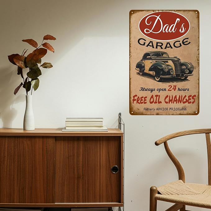 Dad's Garage Vintage Tin Sign - Free Oil Changes and Fatherly Advice Is Priceless - Metal Workshop Decor for Men 8x12 Inch