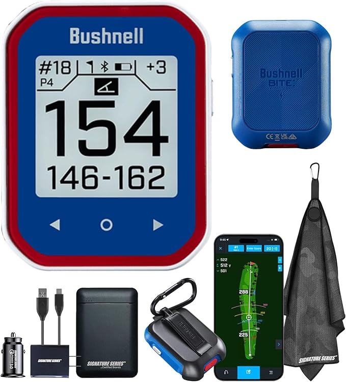 Bushnell Golf Phantom 3 Slope GPS Handlheld (Red/Blue) | 38,000+ Courses, Slope Compensation, Hazard Info, Distance Calculator, Scorekeeping, Magnet Mount, Touchscreen | Signature Series Power Bundle