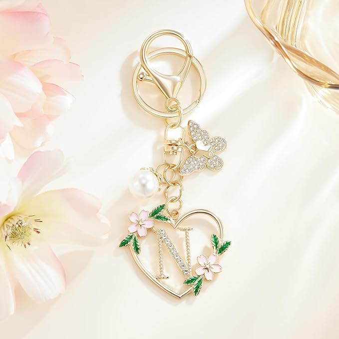Gold Heart Initial Letter Keychain for Women Key chain Keyring for Purse Handbags Backpack Charm