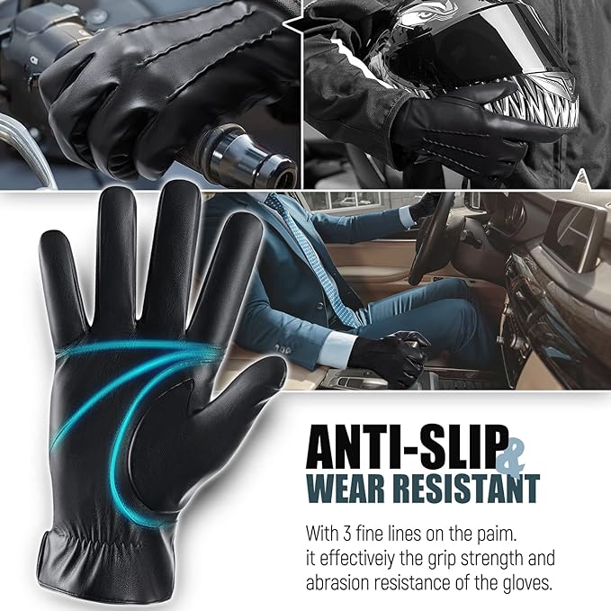 Winter Leather Gloves for Men,Touchscreen Snow Driving Gloves with Cashmere Lining for Motorcycle Driving Riding…