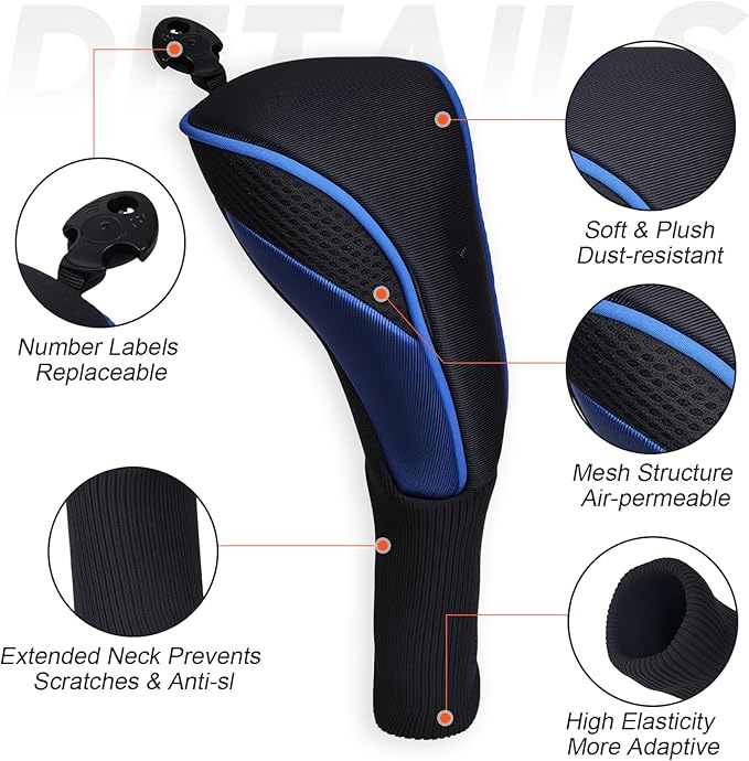 Golf Club Head Covers Set (3 Pieces) for Fairway Woods, Driver, and Hybrids - Long Neck Mesh Design with Interchangeable 3/4/5/6/7/X Number Tags - Golf Accessories for Men and Women (Black and Blue)
