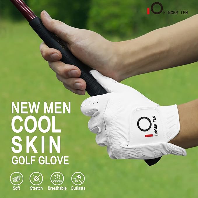 FINGER TEN All Weather Grip Golf Gloves Men Value 3 Pack for Right Handed Golfer, Hot Wet Rain Grip & Comfort Soft Glove for Premium Performance, Colors White Black Blue Sizes S M L XL