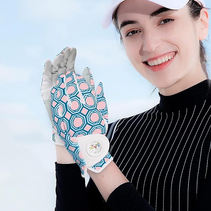 Golf Gloves Women with Ball Marker 2 Pack, Right Handed Golfer Left Hand, Ladies Breathable Soft All Weather Grip Glove Fit Size Small Medium Large XL