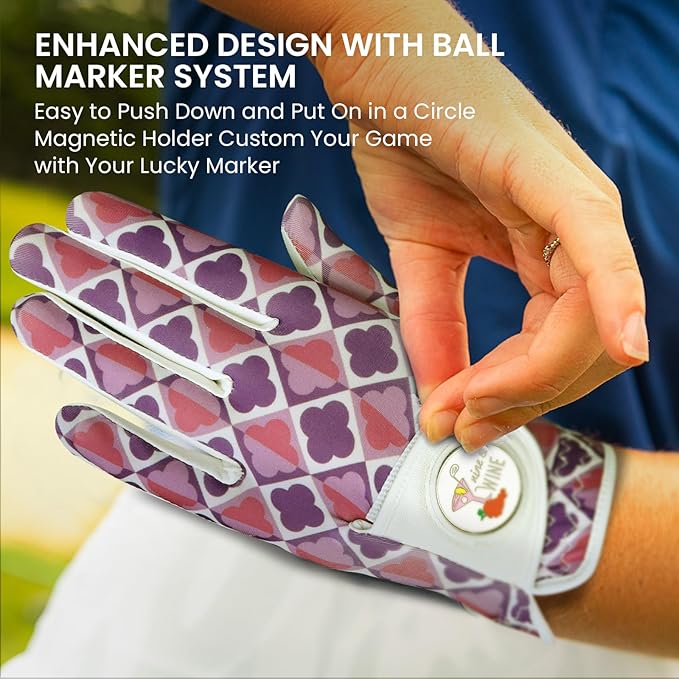 Golf Gloves Women with Ball Marker 2 Pack, Right Handed Golfer Left Hand, Ladies Breathable Soft All Weather Grip Glove Fit Size Small Medium Large XL