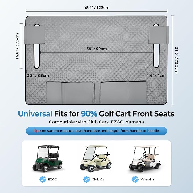Tecoom Golf Cart Seat Covers, Universal Golf Cart Seat Towel Blanket with Armrest Strap 4 Pockets Non-Slip Bottom, Fits Club Car, EZGO, Yamaha, and More Front Seats, Protect Seats from Pet-Scratch Sun