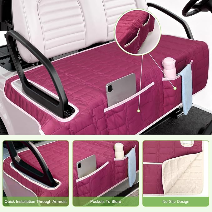 Golf Cart Seat Cover, Universal Bench Seat Cover with Storage Pockets, Non-Slip Seat Protector for Golf Cart, Fits EZGO Club Car Yamaha, Easy Install