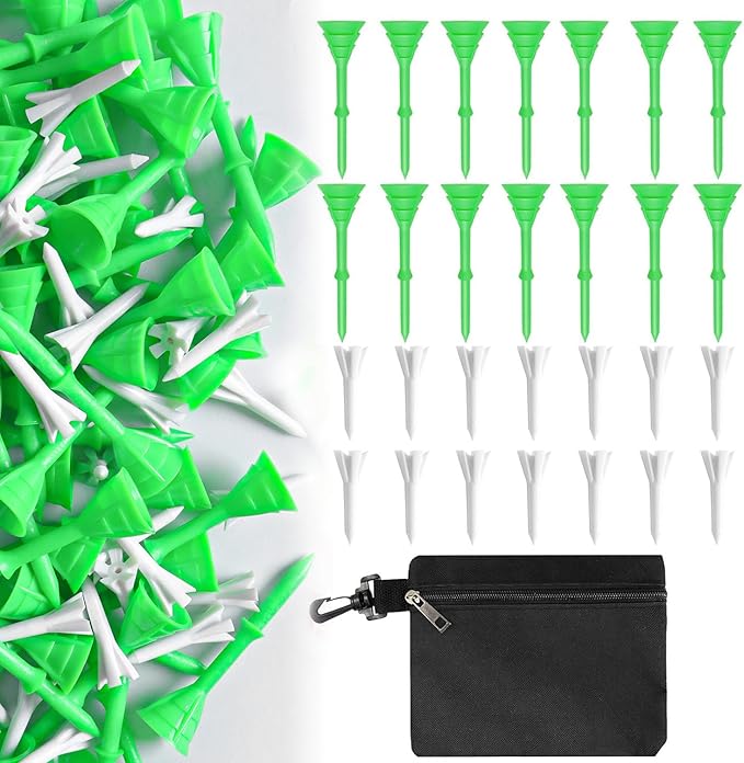 FINGER TEN Golf Tees Plastic Unbreakable 30 Tees 3 1/4 Inch and 20 More Short Tees 1 1/2 Inch with Black Golf Tee Bag, Easy to Find Value Gift Set