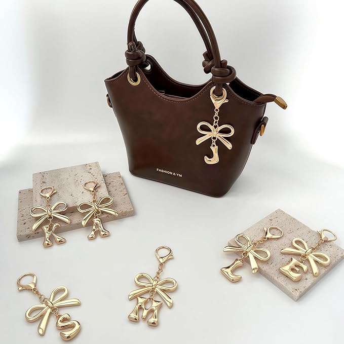 Gold Bubble Heart, Cherry, Bow & More Designs Letter Initial Keychain Bag Charms – Cute Purse Charms for Handbags
