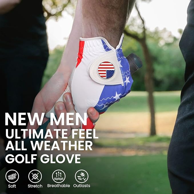 FINGER TEN Golf Gloves Men Right Handed Golfer Left Hand with Ball Marker 2 Pack Leather Breathable Comfortable Weathersof Grip Size Small Medium ML Large XL