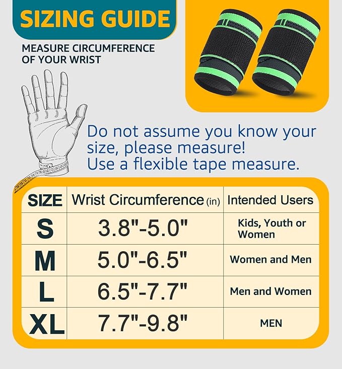 HiRui Wrist Brace Wrist Wraps Compression Wrist Strap, Wrist Support for Work Fitness Weightlifting Sprains Tendonitis, Carpal Tunnel Arthritis, Pain Relief, Adjustable Wristbands 2 PACK (Green, S)