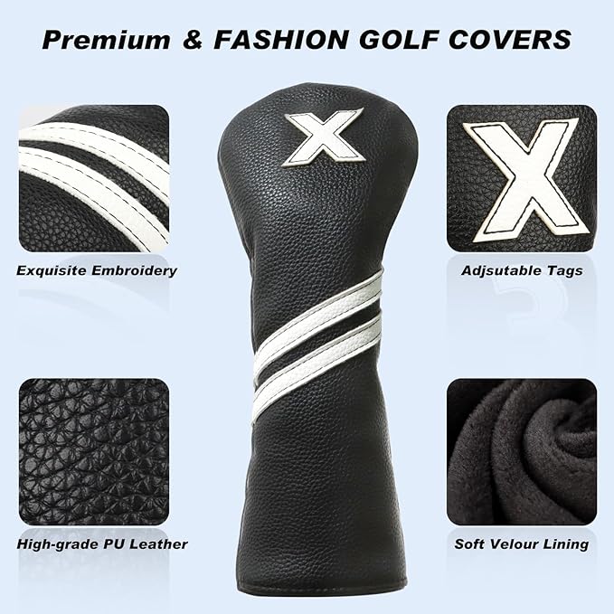 Golf Club Covers,4pcs or 1pc Golf Headcovers for Woods and Driver Fairway Hybrids Women Men - Premium PU Leather with Interchangeable Tags & Magnetic Blade and Mallet Putter Covers