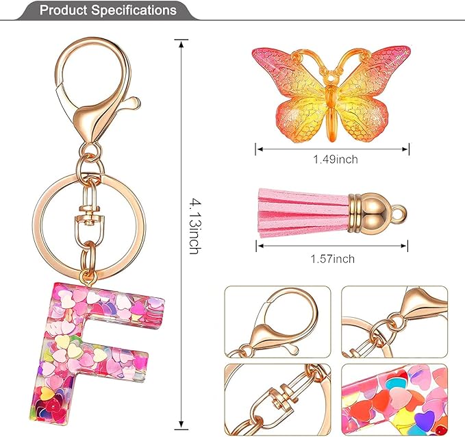 JINGUAZI Initial letter Keychains for Women Tassel Butterfly Pink Purple Cute Car Keychain for Wallet Backpack bag charm
