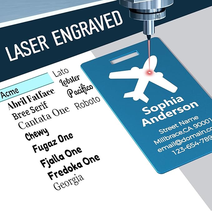 Personalized Metal Luggage Tags, Custom Suitcase Aluminum Name Tags with 5.9in Steel Ring, Laser Engraved Text and Logo, for Travel Gift, Baggage, Golf Bag (Blue)