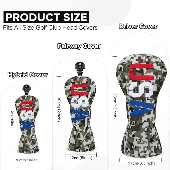 Golf Club Head Covers, Camouflage USA Design Golf Driver Covers, Fairway Wood and Hybrid Head Covers with Interchangeable Tags, Durable Canvas Material Golf Club Covers