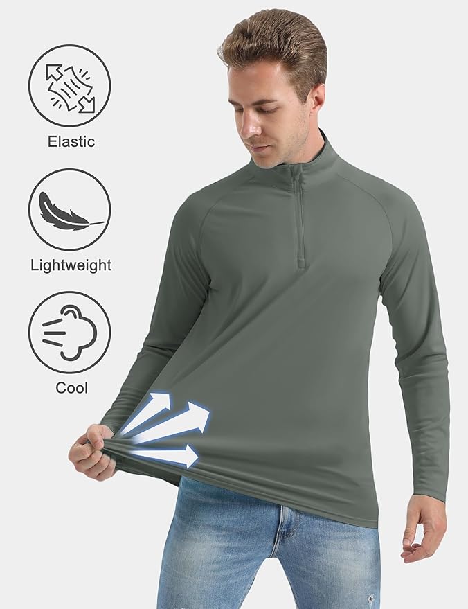 CRYSULLY Men's Long Sleeve 1/4 Zip Shirts Sun Protection Pullover UPF 50+ Rash Guard Running Lightweight T Shirt