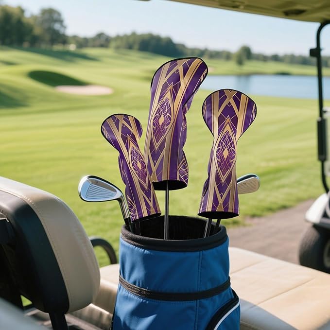 Leather Golf Club Head Covers for Driver/3 5 Wood/Hybird,Velvet,with Label,Purple-Glod