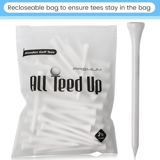 3-¼ inch Pro Wood Golf Tees | 100 Count | Resealable Bag | Natural Sustainable Bamboo Material | Tall White Wooden Tees | Perfect for Every Tee Shot