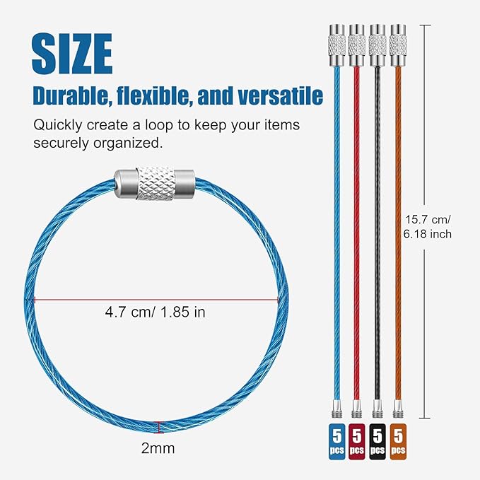 20pcs Stainless Steel Wire Keychains Aircraft Cable Cable Key Ring for Hanging ID Tags or Luggage Tags,6.3 inch 2mm Multicolour