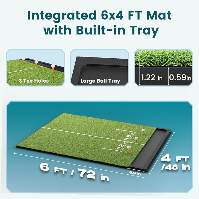 Golf Hitting Mat with Ball Tray, 5x4 / 6x4 ft, 26mm / 31mm Thick, Pro & Elite Turf with Swing Path Line, Premium Golf Practice Mat for Indoor & Outdoor Swing, Chipping, Training