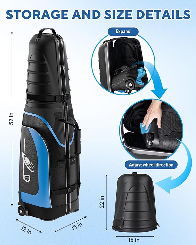 M KARMATER Golf Travel Bags for Airlines with Wheels - Foldable Hard Case with ABS Top and 1680D Heavy Duty Oxford, Full Padding Protection, 3 Storage Compartments for Golf Clubs and Accessories