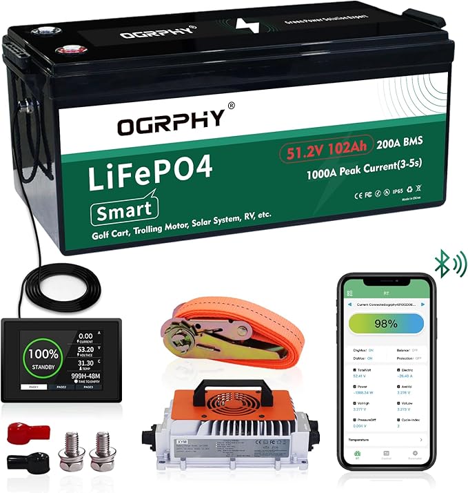 48V Lithium Golf Cart Battery Conversion Kit, 200A BMS(1000A Peak Current), with Touch Monitor and Retention Strap, 4000+ Cycles 48V Lithium Battery with Charger Perfect for Golf Carts(102AH)