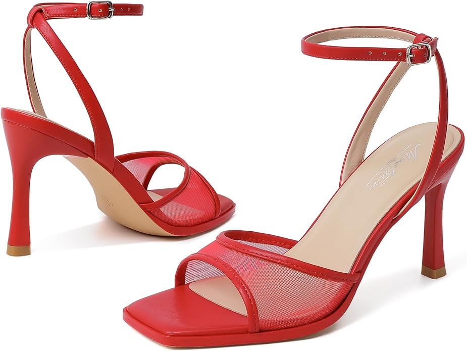 Mostrin Strappy Heels for Women Square Open Toe Lace Up Heeled Sandals Ankle Strap Sexy Stiletto High Heels for Party, Prom, Dating, Wedding