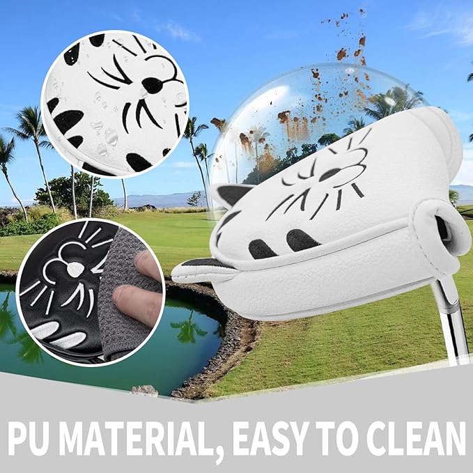 Golf Kitty Head Cover Golf Club White Leather Headcovers 1pc/4pcs Set Fits Driver Fairway Wood Hybrid Utility Putter Iron Wedge Headcover.
