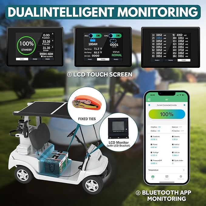 48V Lithium Golf Cart Battery Conversion Kit, 200A BMS(1000A Peak Current), with Touch Monitor and Retention Strap, 4000+ Cycles 48V Lithium Battery with Charger Perfect for Golf Carts(102AH)