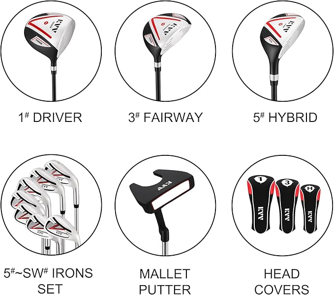KVV Men's Golf Clubs Package Set, 11-Club Complete Set with/Without Stand Bag/7-Piece Irons (5~P#), Right Handed/Left Handed