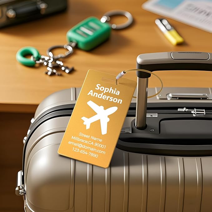 4 Pack Personalized Luggage Tags, Custom Engraved Aluminum Luggage Tags with Your Personalized Text, Waterproof Metal Name Tags with Steel Loop for Bags, Suitcase, Baggage, Backpack (Golden, Large)