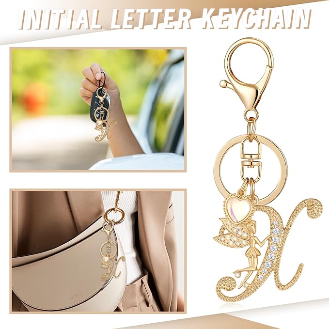 Gold Plated Alphabet Initial Letter Keyring Keychain for Women Girls Crystal Key Chains for Wallet Backpack Bag Charm