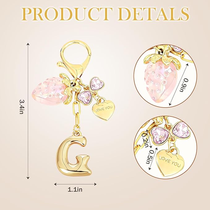 Snycler Bubble Initial Keychain with Strawberry & Bow- Gold Letter Bag Charms for Women, Cute Purse Handbag Accessories
