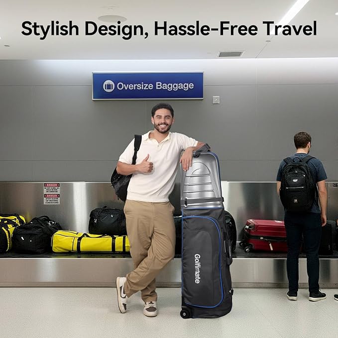 Golf Travel Bag for Airlines with Carbon Fiber Look Hard Top, Protective Club Traveling Cover with Wheel, Golf Club Carrier Case for Airplanes, Thick Padding, Durable Zippers, 2 Spacious Side Pockets