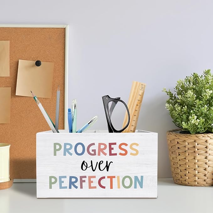 Boho Inspirational Classroom Decor, Motivational Pen Pencil Holder for Desk, Progress Over Perfection Affirmation Wooden Box Sign Desk Decor for Classroom Kids Room Decoration