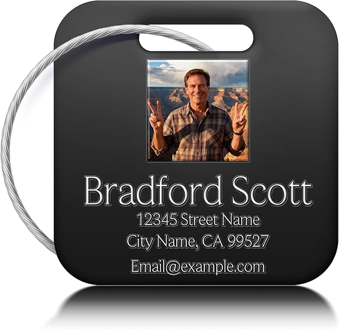 Personalized Luggage Tags - Custom Metal Luggage Tags for Suitcases, Backpacks and Bags with Your Personalized Photo Club Logo Text (Square-Black)