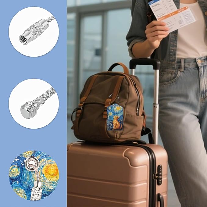 3 Pack PU Leahter Luggage Tag with Stainless Steel Loop, Starry Sky Cat Travel Suitcase Labels with Privacy Cover ID Label Quickly Spot for Bags