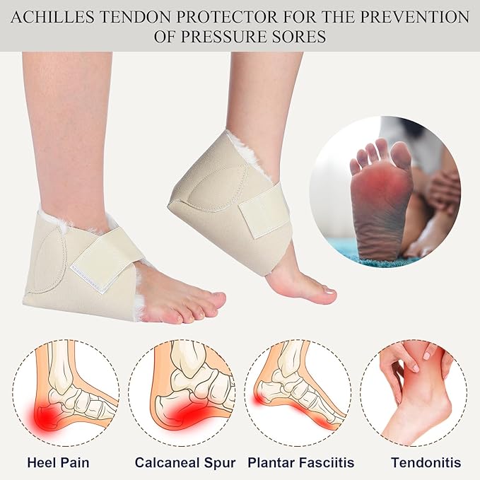 2 Pairs Heel Protector Boot Sheepskin Heel Protectors Soft Foot Cushions Pads with Securing Strap for Protect Feet Ankle Pressure Bed Sores(Beige)