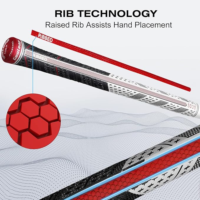 Geoleap Golf Grips Set of 13- Back Rib Improved Control，Multi Compound Rubber And Cord Hybrid Golf Club Grips, Standard/Mdisize, 7 Colors Optional.