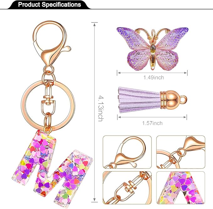 JINGUAZI Initial letter Keychains for Women Tassel Butterfly Pink Purple Cute Car Keychain for Wallet Backpack bag charm