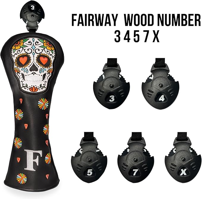 Colorful Skeleton Embroidery Club Covers Driver Headcovers Fairway Wood Cover Hybrid Head Cover Leather 3 Wood Headcover Golf Club Covers for Most Brand.