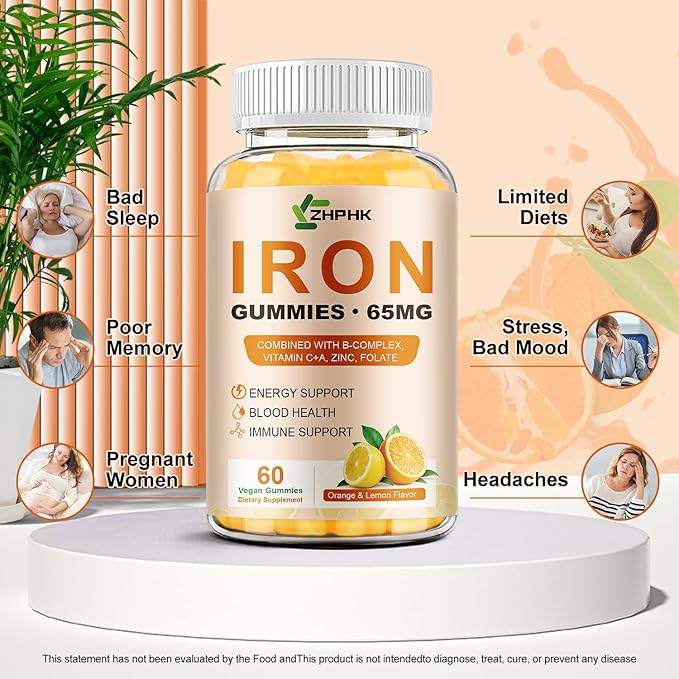 Iron Gummies Vitamin Supplement 65mg & Vitamin C 250mg per Serving with B6 B12 Folate- Energy Support for Iron Deficiency, Anemia, Vegan Orange & Lemon Flavor, 120 Count