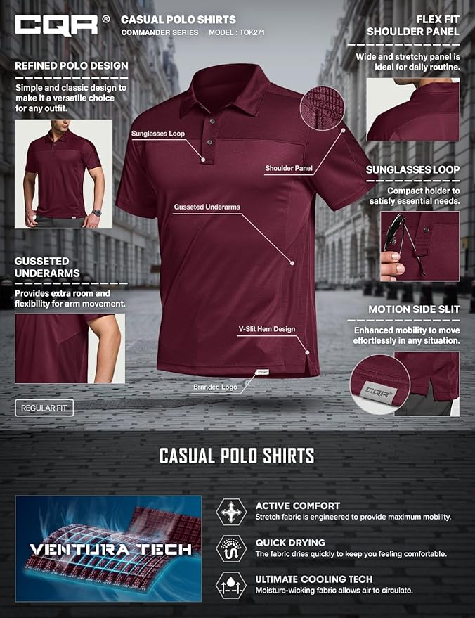 CQR Men's Polo Shirts, Tactical Short Sleeve Golf Performance Shirts, Lightweight Dry Fit UPF 50+ Pique
