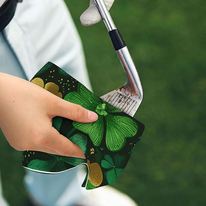 Green St Patricks Day Shamrock Golf Towel with Carabiner Clip 24"x16" Lucky Leaf Floral Golf Towels for Golf Bags Microfiber Waffle Golf Rag for Disc Balls Clubs Accessories for Men Women Dad